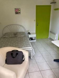 1 dormitorio con cama, sofá y puerta verde en Dans une station thermale, Studio dans résidence avec ascenseur en Amélie-les-Bains-Palalda