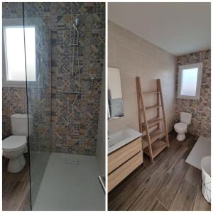 2 fotos de un baño con aseo y ducha en CASA KHAMSA avec piscine privée, en Le Boulou