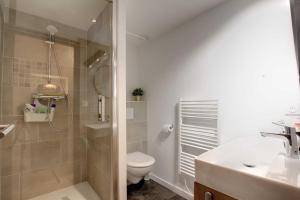 a bathroom with a shower and a toilet and a sink at Le Rousseau - Beautiful studio in Old Town in Annecy