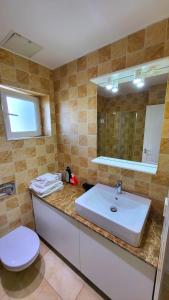 a bathroom with a sink and a toilet and a mirror at Garsoniera în centrul orașului vis a vis de hotel radisson in Bucharest