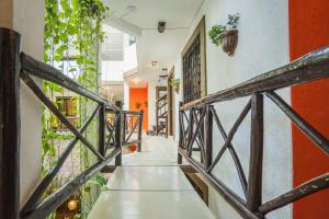a corridor of a house with a staircase and plants at Posada Mariposa Boutique Hotel - 5th Avenue in Playa del Carmen