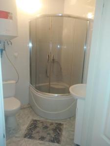 La salle de bains est pourvue d'une douche, de toilettes et d'un lavabo. dans l'établissement Gostevoy Apartment, à Vinnytsia