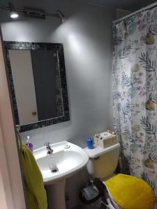 y baño con lavabo, aseo y espejo. en Apartamento 1 dormitorio estacionamiento Hermosa vista en Concepción