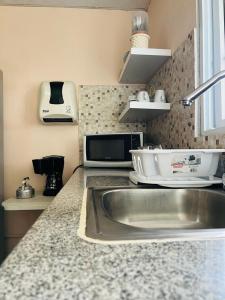 a kitchen counter with a sink and a microwave at Hostal VILLAS DON PABLO LAS TABLAS in Las Tablas