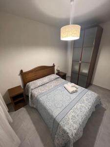 a bedroom with a bed with a blue blanket and a lamp at Adosado Dr Fleming 12 in Poyales del Hoyo