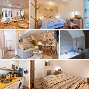 un collage de photos d'une chambre et d'un salon dans l'établissement Le Bohème - Spa/Netflix/Wifi Fibre - Séjour Lozère, à Mende