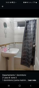 a bathroom with a sink and a shower curtain at Apartamentos Santa Rosa PB 1 in Córdoba