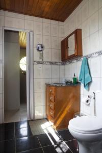 bagno con servizi igienici, lavandino e specchio di Casa em Friburgo com piscina lareira suíte & quarto a Nova Friburgo