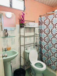 a bathroom with a green toilet and a sink at Hostal VILLAS DON PABLO LAS TABLAS in Las Tablas