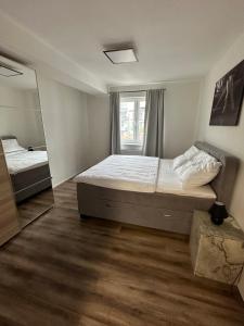 a bedroom with a bed and a mirror at Medena Apartment old town with free parking in Bratislava