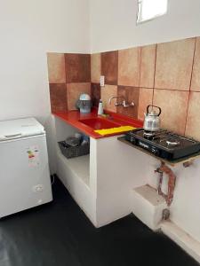 Una pequeña cocina con estufa y fregadero. en Departamento Sarmiento 1, en San Luis