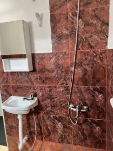 un baño con lavabo y ducha en Departamento Sarmiento 1, en San Luis
