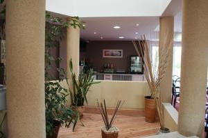 a lobby with potted plants and a counter at Comfort Hotel Saintes in Saintes