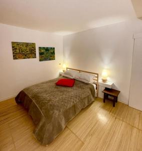 Un dormitorio con una cama con una almohada roja. en "Monte Mario Hill" stadio olimpico, foro italico, ponte milvio en Roma