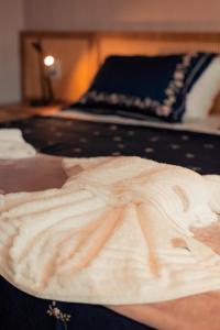 eine Nahaufnahme einer Decke auf einem Bett in der Unterkunft Esquina Brotense_Hospedagem de charme in Brotas