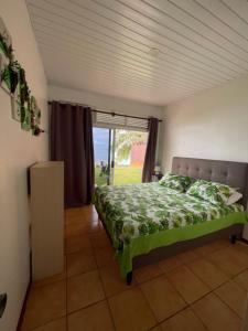 ein Schlafzimmer mit einem Bett und einem großen Fenster in der Unterkunft PK 35 in Apomaoro