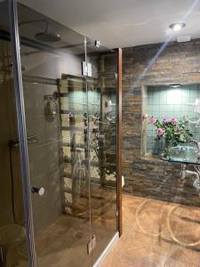 a glass shower in a room with a brick wall at Apartamento rural jama in Cilleros +9 photos