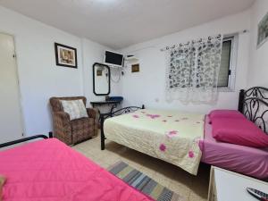 1 Schlafzimmer mit 2 Betten und einem Stuhl in der Unterkunft Aviv in Rosh Pina in Rosch Pina