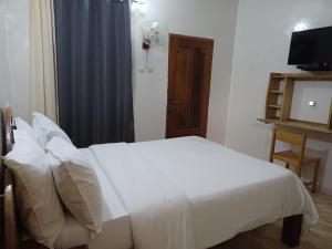 Mboro的住宿－La Mboroise，卧室配有白色的床和电视。