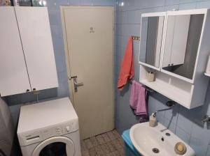 een kleine badkamer met een wasmachine en een wastafel bij Apartmani Šarac - Pale in Pale +32 foto's