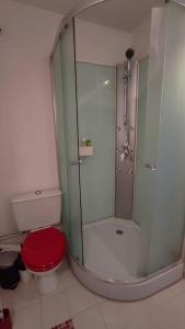 W łazience znajduje się prysznic oraz toaleta z czerwonym fotelem. w obiekcie Studio Ouistreham entre centre-ville et plages w mieście Ouistreham +21 zdjęć