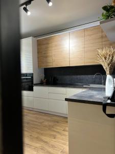 a kitchen with wooden cabinets and a counter top at Апартаменти затишні в центрі Чорткова in Chortkiv