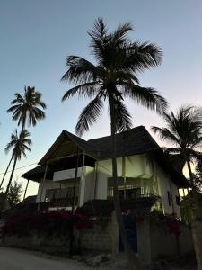 a house with a palm tree in front of it at Blue Villa Zanzibar in Pwani Mchangani