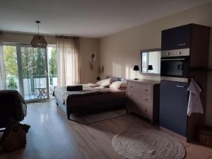 a bedroom with a bed and a dresser with a mirror at Gemütliches Ferienapartment mit optionaler E-Ladesäule in Eichenzell