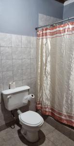y baño con aseo y cortina de ducha. en PazMaria en Los Antiguos