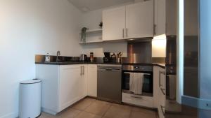 eine Küche mit weißen Schränken und einem Backofen in der Unterkunft Le Terracotta Ideal Groupe Salle de sport Parking Gratuit in Troyes + 30 Fotos