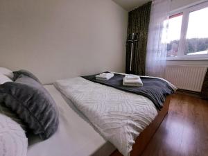 - un lit dans une chambre avec 2 serviettes dans l'établissement Aviliz Apartament Bușteni, à Buşteni