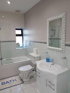 a bathroom with a sink and a toilet and a mirror at Sunnyside Lodge - Beautiful Fermanagh Holiday Home 
