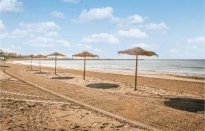 a row of straw umbrellas on a sandy beach at Amazing Apartment In Santa Pola in Santa Pola +13 photos