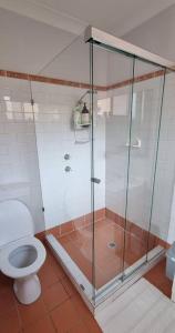 a bathroom with a shower and a toilet at Guest Studio in Campbelltown 