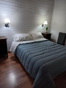 um quarto com uma cama com duas mesas e dois candeeiros em Cabaña Lucio em Esquel