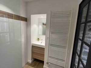 a bathroom with a shower and a sink and a mirror at Appartement de charme en cœur de ville in Guingamp