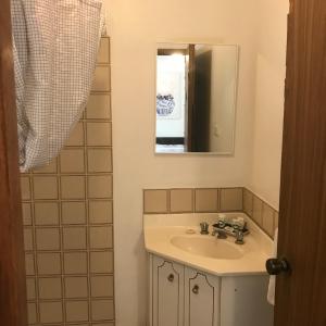 a bathroom with a sink and a mirror at Mt. Remarkable Hotel Motel in Melrose
