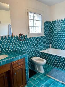 ein blau gefliestes Bad mit einem WC und einer Badewanne in der Unterkunft Villa Domaine Font Mourrier in Cogolin