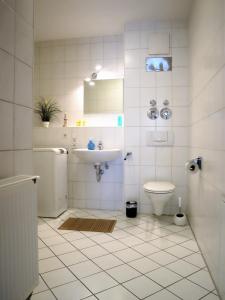 a white bathroom with a sink and a toilet at Exklusive Wohnung mit Dachterrasse in Schleußig in Leipzig