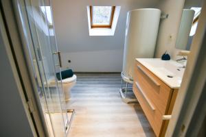 une salle de bains avec toilettes et douche en verre dans l'établissement Au Duplex de Jeannala, à Sélestat