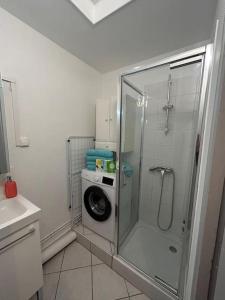 y baño con ducha y lavadora. en Chic and Elegant - Portes de Paris et la Défense, en Bois-Colombes