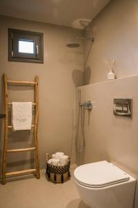 a bathroom with a white toilet and a shower at Ammos Suite-Grand Blue Beach Residence in Lixouri