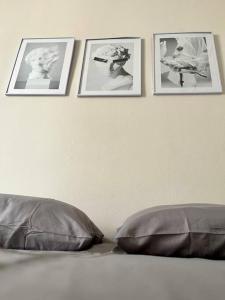 three pictures on a wall above a bed with two pillows at Haussemannien in Nevers