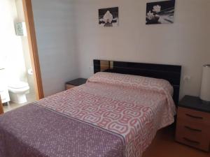 1 dormitorio con 1 cama con colcha morada y blanca en El pisito de Irene, en Béjar