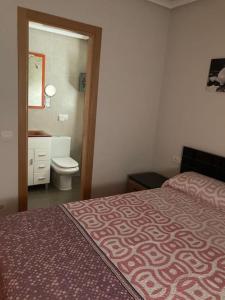 een slaapkamer met een bed en een badkamer met een toilet bij El pisito de Irene in Béjar