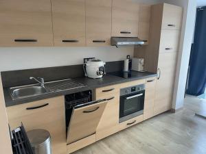 a kitchen with a sink and a stove top oven at Superbe studio front de neige la joue du loup in Le Dévoluy