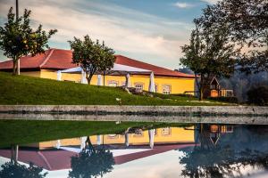 een geel gebouw met een reflectie in het water bij Quinta do Esquilo - Hotel Rural in Rendufe