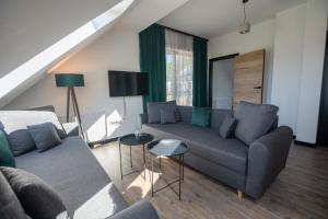 ein Wohnzimmer mit einem Sofa und einem Tisch in der Unterkunft Apart Invest Widok 800 C14 in Szklarska Poręba