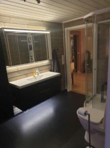 uma casa de banho com um lavatório, um WC e um espelho. em Mountainside Lodge - Breivikeidet em Tromsø
