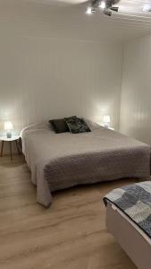 1 dormitorio con 1 cama grande y 2 lámparas en Mountainside Lodge - Breivikeidet, en Tromsø